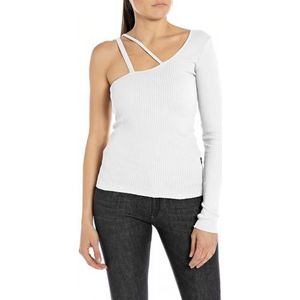 Replay Dames Slim fit RIPP shirt schoudervrij lange mouwen, 001, wit, L