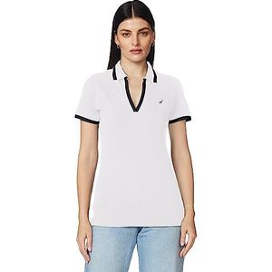 Nautica Klassieke pasvorm voor dames, gestreepte V-hals kraag, stretch katoenen poloshirt, Licht wit, S