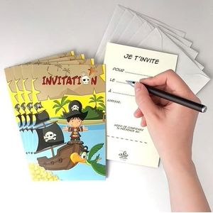 Set van 5 kaarten ""uitnodiging"" piraten met 5 witte enveloppen 9 x 14 cm – tekst Ik nodig je uit voor... de (datum) op (tijd) adres – feest, snack verjaardag, vermomd, vrienden, vrienden, schat jacht