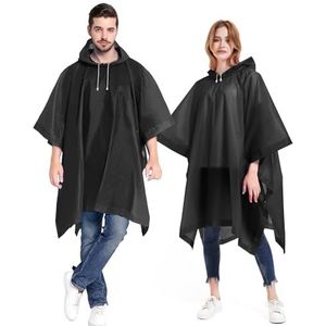 ANTVEE Regenponcho's 2 packs voor volwassenen met capuchon met trekkoord - noodregenjas voor pretpark, wandelen, kamperen of reizen (zwart)