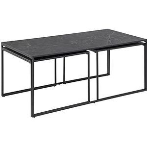 AC Design Furniture Ingelise rechthoekige salontafel set van 3, zwart tafelblad in marmerlook met zwarte metalen poten, salontafel in industrieel design, meubels voor kleine ruimtes