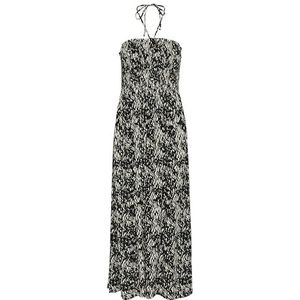 KAFFE Maxi-jurk met strapless smock top stropdas hals A-lijn rok bedrukt, Zwart/Wit Graphic Snake, 44