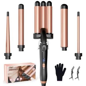 BESTOPE MIX Krultang, golven, stijltang, 5-in-1, krultang met instelbare temperatuur, keramiek, snelle opwarming, krultang, 3 vaten met verwisselbare staven
