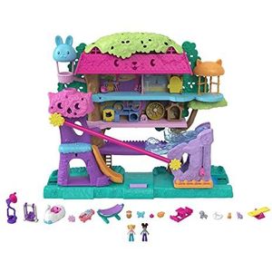 Polly Pocket Pollyville Dierenfeest in de boomhut, 5 verdiepingen, meer dan 15 speelonderdelen: 2 poppen, voertuig, 4 dieren en meer, geweldig cadeau voor kinderen vanaf 4 jaar, HHJ06