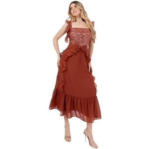 Maya Deluxe Midaxi Jurk voor dames, mouwloos, vierkante hals, cami, pailletten, versierd, ruches, A-lijn, dierenzoom, galajurk, dames, Roest, 34