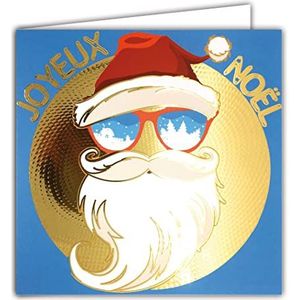 Afie 23019 vierkante gouden kaart glanzend kerstman hipster bril baard snor hoed party hoed met witte envelop