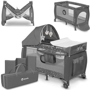 LIONELO Sven Plus 4 in1 Kinder Reisbed met commode voor kinderen van 0 tot 15kg, Babybox 125x65x75cm, Schommelfunctie, Klamboe, Veiligheidsslot LockGuard, Praktische organizer, Hoogteverstelling