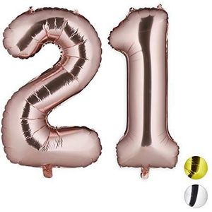 Relaxdays Folieballon cijfers, decoballon voor 21e verjaardag, oogjes om op te hangen, XXL cijferballon, 85-100cm, roségoud, H x B x D: ca. 85 x 50 x 17 cm