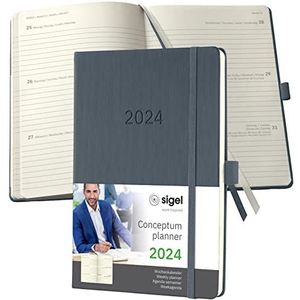 SIGEL C2466 afsprakenplanner weekkalender 2024, ca. A5, donkergrijs, hardcover, 192 pagina's, elastiek, penlus, archieftas, PEFC-gecertificeerd, Conceptum