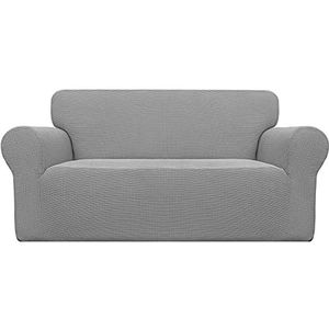 Easy-Going Stretch sofahoes, 1-delige bankhoes, meubelbeschermer, bank, zacht met elastische onderkant, antislip, schuim, kinderen, elastaan, jacquardstof, kleine ruitjes (loveseat, lichtgrijs)