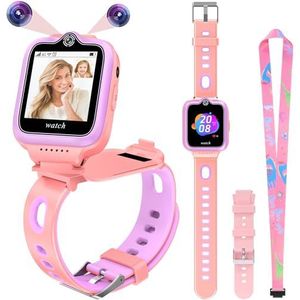 ele ELEOPTION 4G GPS-kindersmartwatch, telefoon, waterdicht, voor jongens en meisjes, 2-weg oproepen, spraak- en videochat, camera, SOS, muziek-/videospeler, alarm (T30, roze)