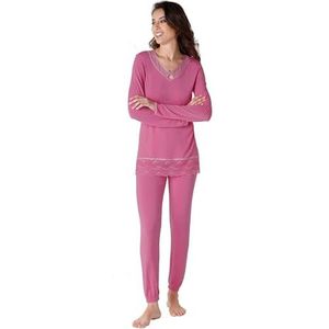 Lovable Lange V-hals van modal met kant pyjamaset, roze orchidee, XL dames, roze orchidee, XL