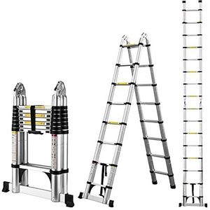 Telescopische ladder van aluminium, 5 meter, vouwladder, multifunctionele ladder, staande ladder, uittrekbare ladder, maximaal draagvermogen: 150 kg, zilver