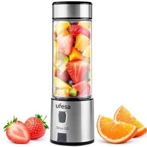 Ufesa Onyx Go! Draagbare Oplaadbare Mixer, USB Oplaadbaar, Tot 20 Gebruiken per Oplaadbeurt, 5100 mAh Batterij, 400ml Tritan Fles, Sportdeksel, RVS Behuizing en 6 Roestvrijstalen Mesjes.