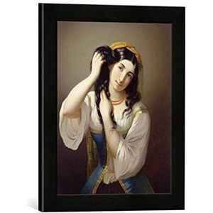 Fotolijst van Michele Cusa ""A Sicilian Playing with her Hair"", kunstdruk in hoogwaardige handgemaakte fotolijst, 30x40 cm, zwart mat
