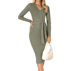 ZESICA Women's 2025 Fall Sweater Dress V Neck Long Sleeve Ribbed Knit Tie Waist Bodycon Slim Fit Midi Dresses ArmyGreen Small