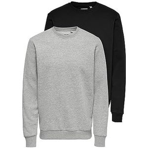 ONLY & SONS Heren sweatshirt 2-pack ronde hals, zwart, M