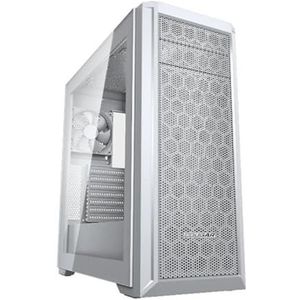 Witte half-towerbehuizing met modern design, ruimte voor optimale ventilatie en ondersteuning voor meerdere apparaten. Ideaal voor gaming en kantoorsystemen.