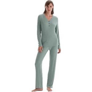 Dagi Damespyjama met lange mouwen, geribbeld, viscose, gebreid T-shirt en broek, groen, XL