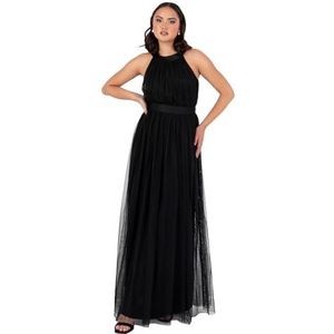 Anaya with Love Maxi-jurk voor dames, halterjurk, lange mouwen, met riem, A-lijn, evening gown bal, bal, bruiloft, gast, bruidsmeisje, zwart, maat 46, Zwart, 44