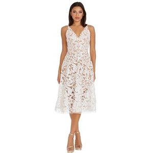 Dress the Population Womens Blair Plunging Fit and Flare Midi Dress, White/Nude, Small US