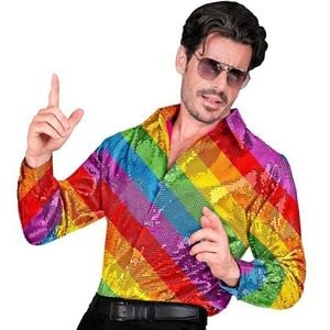 Widmann - Feestmode pailletten overhemd voor heren, regenboog, disco fever, overhemd, overhemd