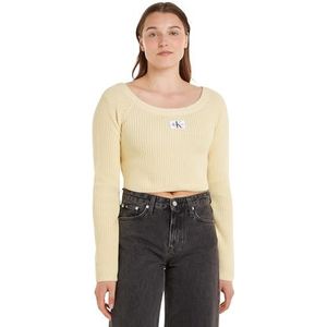 Calvin Klein Jeans Vrouwen geweven label off shoulder trui truien, Vanille, L
