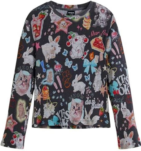 Desigual - Lange Mouwen T-shirt - Slim Fit - Katten Motief