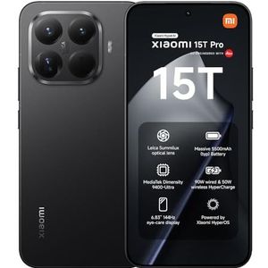 Xiaomi 15T Pro, Smartphone 12+512GB, 6,83"" 144Hz oogvriendelijk display, MediaTek Dimensity 9400+, 50MP Leica 5x Pro telelens, 5500mAh, Zwart, Oplader niet inbegrepen, Fabrieksgarantie 2 jaar