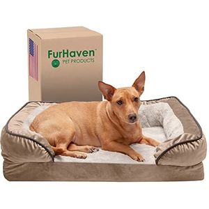 Furhaven Medium Orthopedisch Hondenbed Perfect Comfort Pluche & Fluwelen Golven Sofa-Stijl w/Verwijderbare Wasbare Cover - Brownstone, Medium