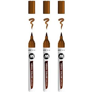 Molotow Aqua Color Brush Brush Pen Marker op waterbasis, penseelpunt voor aquarellen en handlettering, 3 stuks, kleur 019, bruin