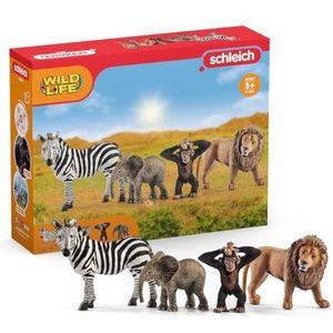 schleich WILD LIFE - Starterset WILD LIFE, Inclusief 4 x Speelgoeddieren om te Verzamelen, Zebra, Leeuw, Afrikaanse Olifantenbaby en Chimpanseebaby, Dierenspeelgoed voor Kinderen vanaf 3 jaar - 42387