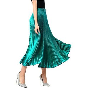TONCHENGSD Dames metallic satijn geplooide accordeon lange rok pauwblauw één maat, Pauw Blauw, One size