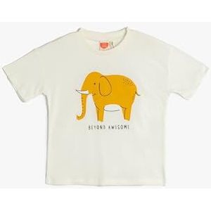 Koton Babyboys T-shirt met korte mouwen en ronde hals, olifant, bedrukt katoen, ecru(010), 12-18 Maanden
