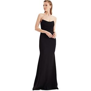 Trendyol Standaard mouw Strapless vis Zwarte kraag Gedetailkunstleerde lange avondjurk TPRSS21AE0121