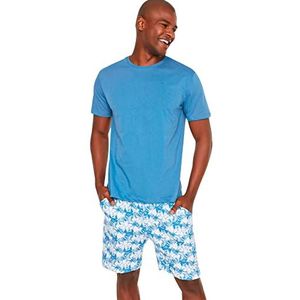 Trendyol Mannen Mannelijke Regular Fit Palm Gedrukt Pyjama Team Set, Blauw, L