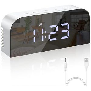 Vinabo Digitale ochtendwekker, spiegel, led, digitale horlog, nachtkastje, 2 helderheidsniveaus, 12/24 uur, met 2 USB-oplaadpoorten, moderne decoratie voor huis of slaapkamer, wit