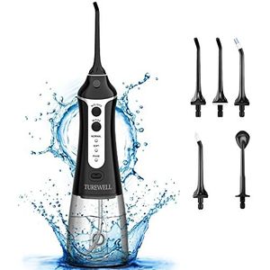 TUREWELL FC1591 Draagbare monddouche, met 5 sproeiers, 3 modi, IPX7, waterdicht, USB, oplaadbaar voor mondreiniging, 300 ml, voor familie en reizen