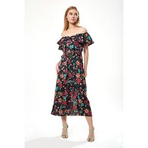 Liquorish Vrouwen Riemvormige Midi-jurk met Off Shoulder Mouwen in Zwarte Gebaseerde Bloemenprint Bruiloft, 8