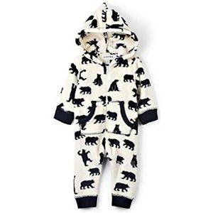 Hatley Dames jumpsuit van teddyfleece met zwarte beer, Wit (baby-overall – zwarte beer op natuur)., XXS
