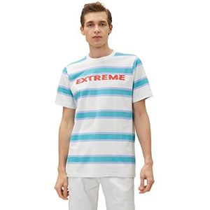 Koton Heren Slogan Bedrukt Crew Neck Short Sleeve Katoenen T-shirt, Turquoise Stripe (6s8), L
