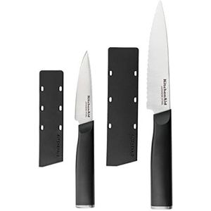 KitchenAid Classic Santoku Japanese Knife Set, Sharp High-Carbon Japanese Steel Knife, Black, Blade Covers Included, 2 Pieces
