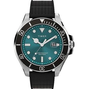 Timex Trend 43 mm herenhorloge - Tweeledige zwarte band van sysnthetisch rubber met snelsluiting, met groene wijzerplaat en zilverkleurige kast, TW2V91700