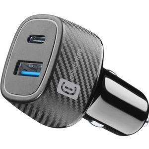 Cellularline - Autolader sigarettenaansteker 12/24 V met USB en USB-C aansluiting - Uitgangsvermogen: USB C 30 Watt - USB 18 Watt