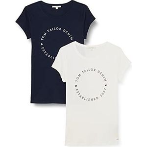 TOM TAILOR Denim Dames Dubbelpak T-shirt met print 1029695, 10360 - Real Navy Blue, S