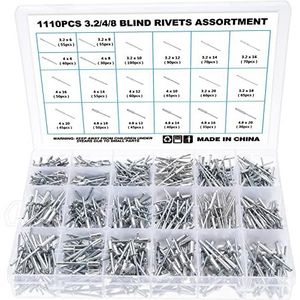 Gueenky 1110 stuks blindklinknagels van aluminium, 3,2/4/4,8 mm, 20 maten, popklinknagelassortiment, met opbergdoos voor metaal, hout, kunststof
