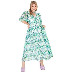 Lovedrobe Vrouwen Zomer Plus Size Curve Dames Midi Zonnejurk Faux Wrap Hoge V-hals Taille Gepofte Mouw Kant Zwart, Blauw, 42