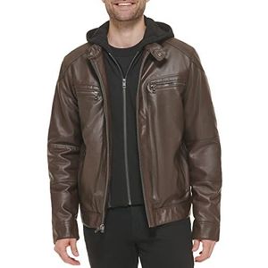 Calvin Klein Moto-jas van imitatieleer voor heren, met afneembare capuchon en slabbetje, Moto Bruin, S