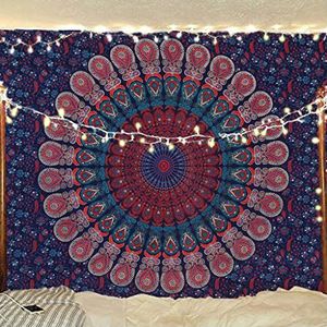 Bless International Indiase hippie, Boheemse, psychedelische goudblauwe mandala met pauw, voor wanddecoratie, beddengoed, tapijt (donkerblauw (Midnight Blue), twinsize (140 x 185 cm))