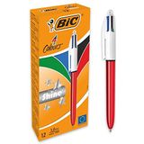 BIC 4 Colours Shine Balpennen Medium Punt (1,0 mm) - Metallic Rood Lichaam, Doos van 12 Stuks